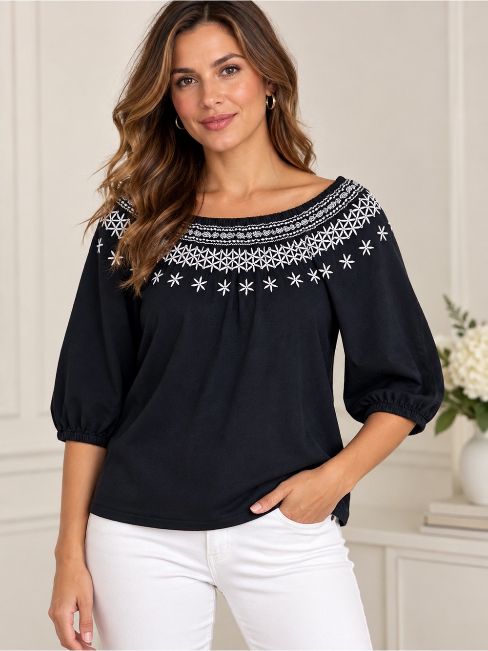 Tommy Hilfiger Black Top with White Embroidered Yoke